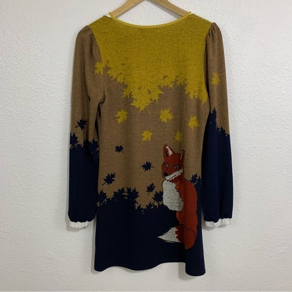 Just Funky Fall Fox in Leaves Long Sleeve Sweater Dress Size S - Picture 2 of 7